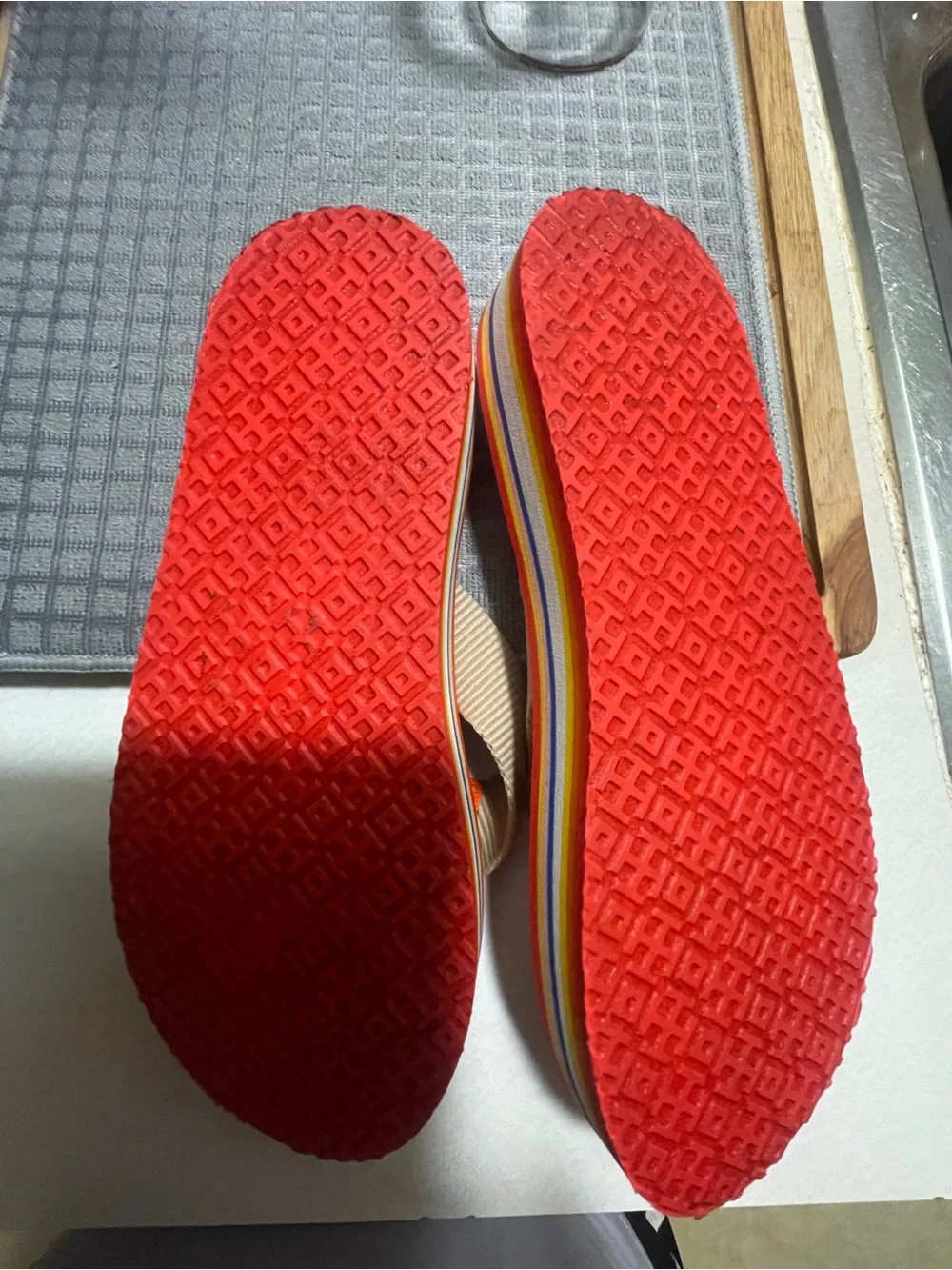 Tory Burch Red Floral Flip Flops with Tan Straps and Orange Accents
